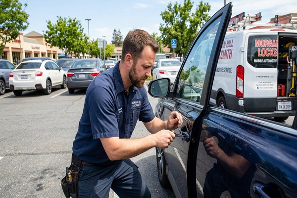 Auto locksmith programming key fob in Morgan Hill parking lot