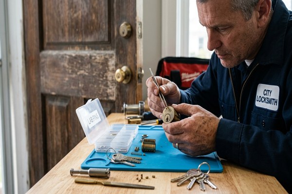 Locksmith rekeying lock cylinder at Morgan Hill residential property